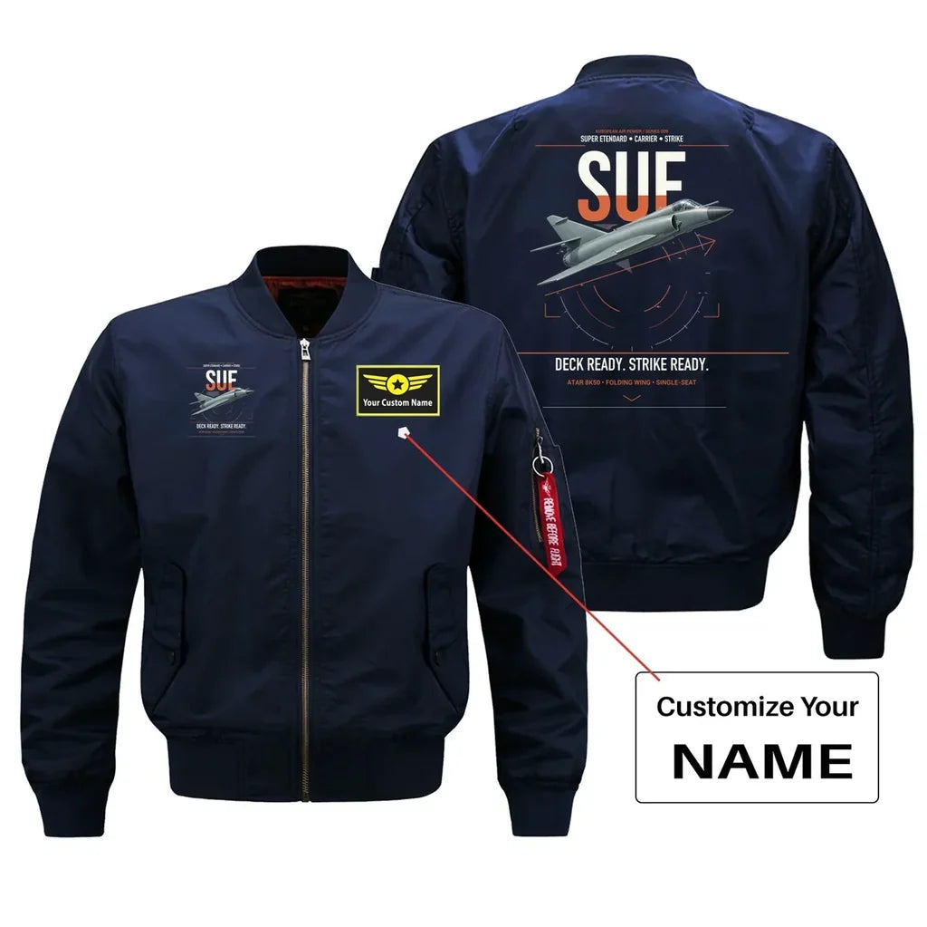 Dassault Super Étendard design on blue+name bomber jacket, double-side print