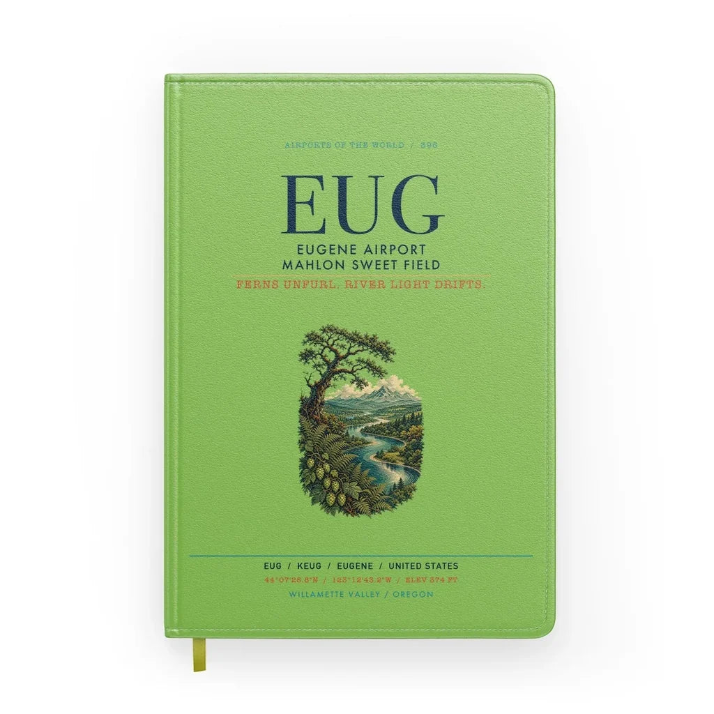 Eugene Airport Mahlon Sweet Field (EUG) design on light green notebook