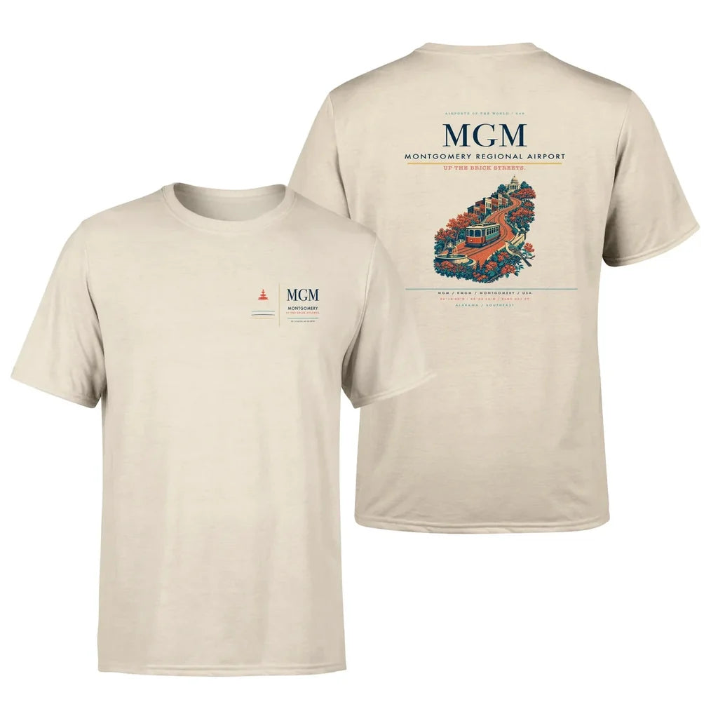 Montgomery Regional Airport (MGM) design printed on beige double-side t-shirt