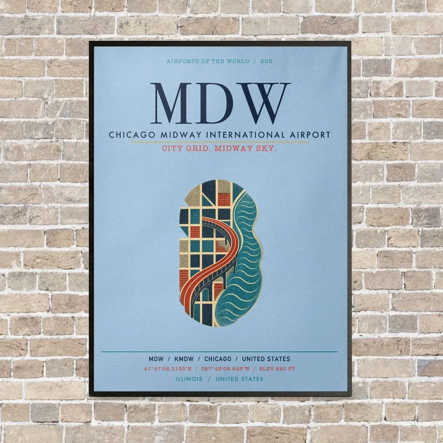 Chicago Midway International Airport MDW vertical canvas print - framed - light blue background