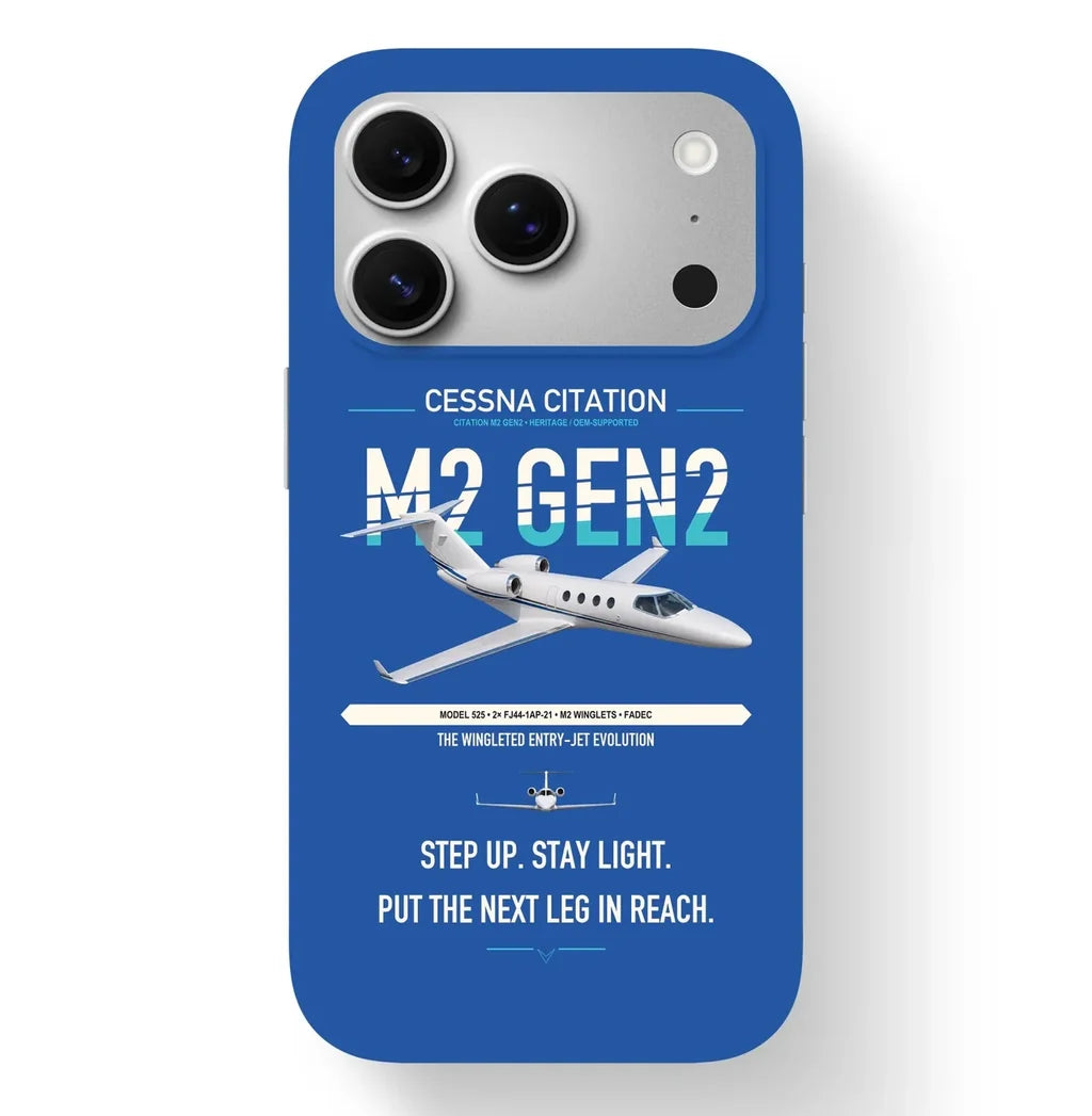 Cessna Citation M2 Gen2 design on blue magsafe iphone case, for iPhone 17 Pro