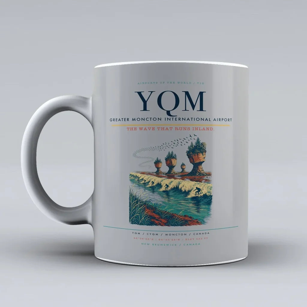 Greater Moncton International Airport (YQM) airport code design on light gray ceramic mug