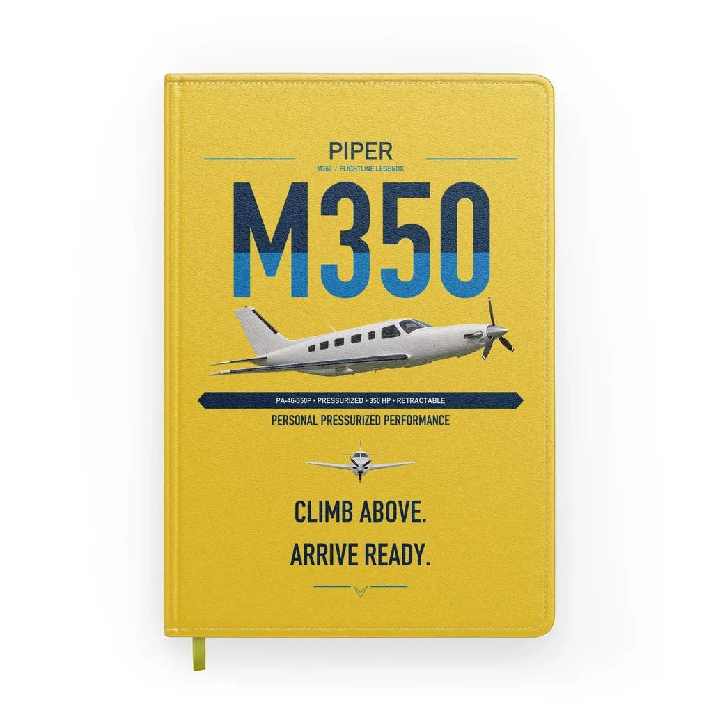 Piper M350 design on yellow notebook