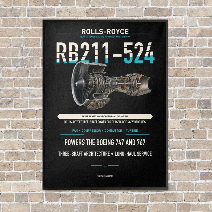 RB211-524 vertical canvas print - framed - black background