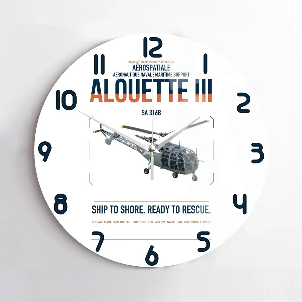 Aérospatiale SA 316B Alouette III design on white no frame wall clock