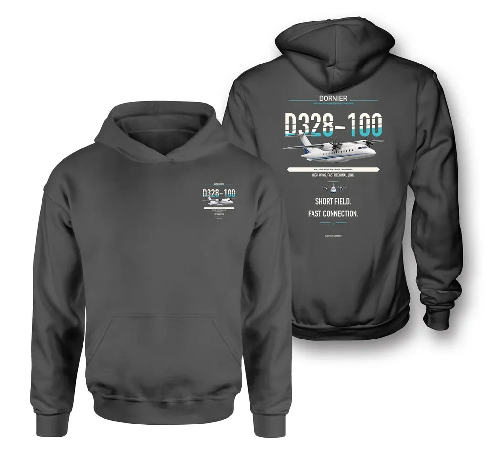 D328-100 design on dark gray hoodie
