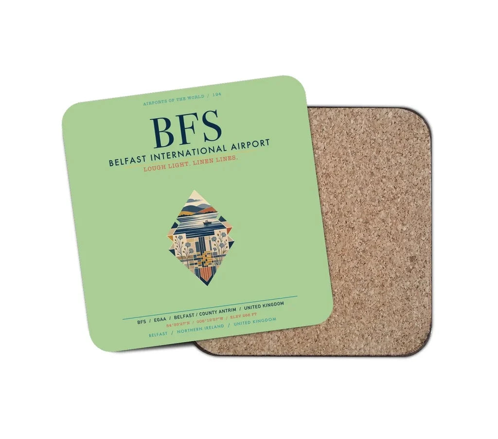 Belfast International Airport (BFS) design on light green 1 piece coaster