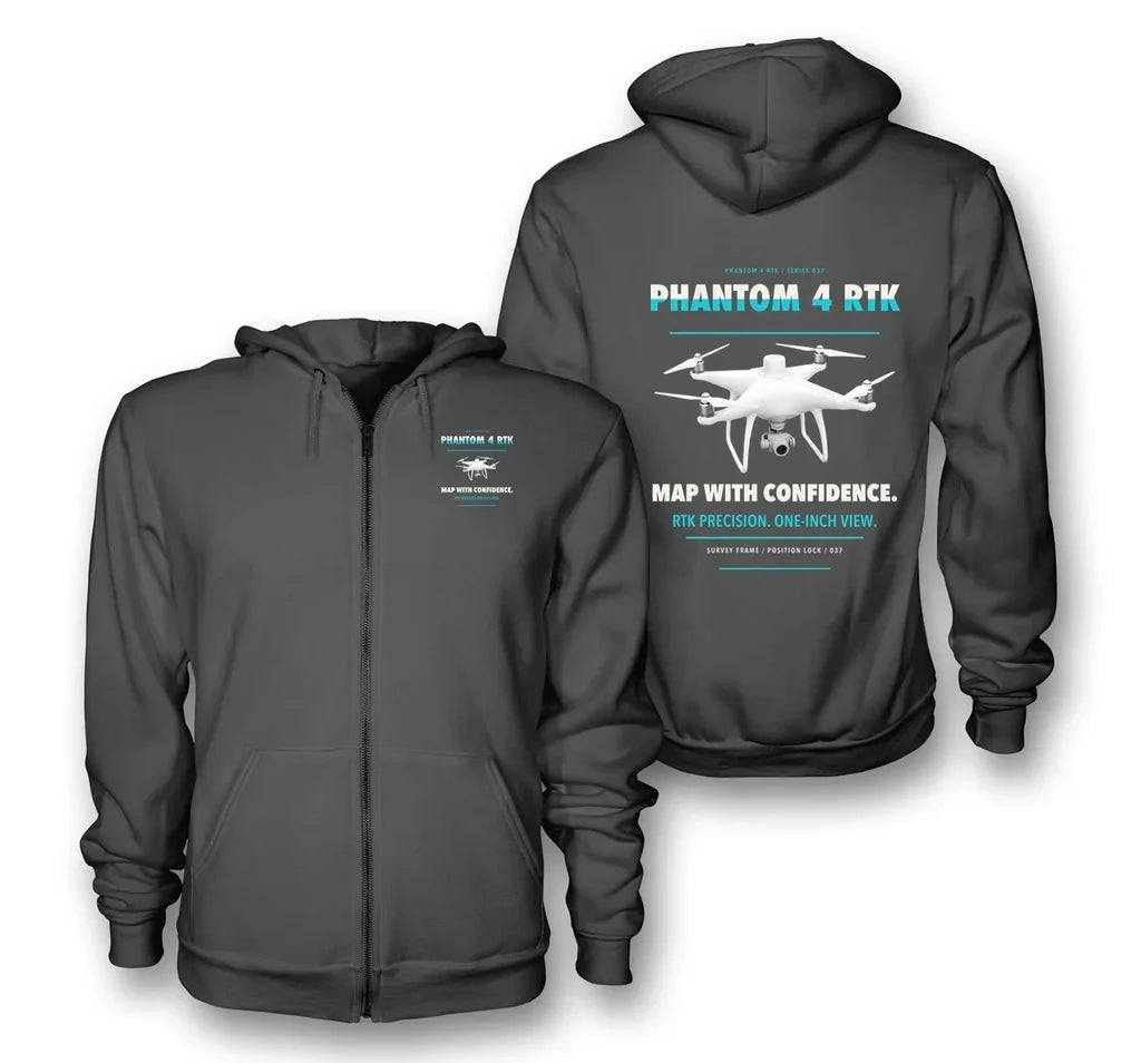 DJI Phantom 4 RTK design on dark gray zipped hoodie