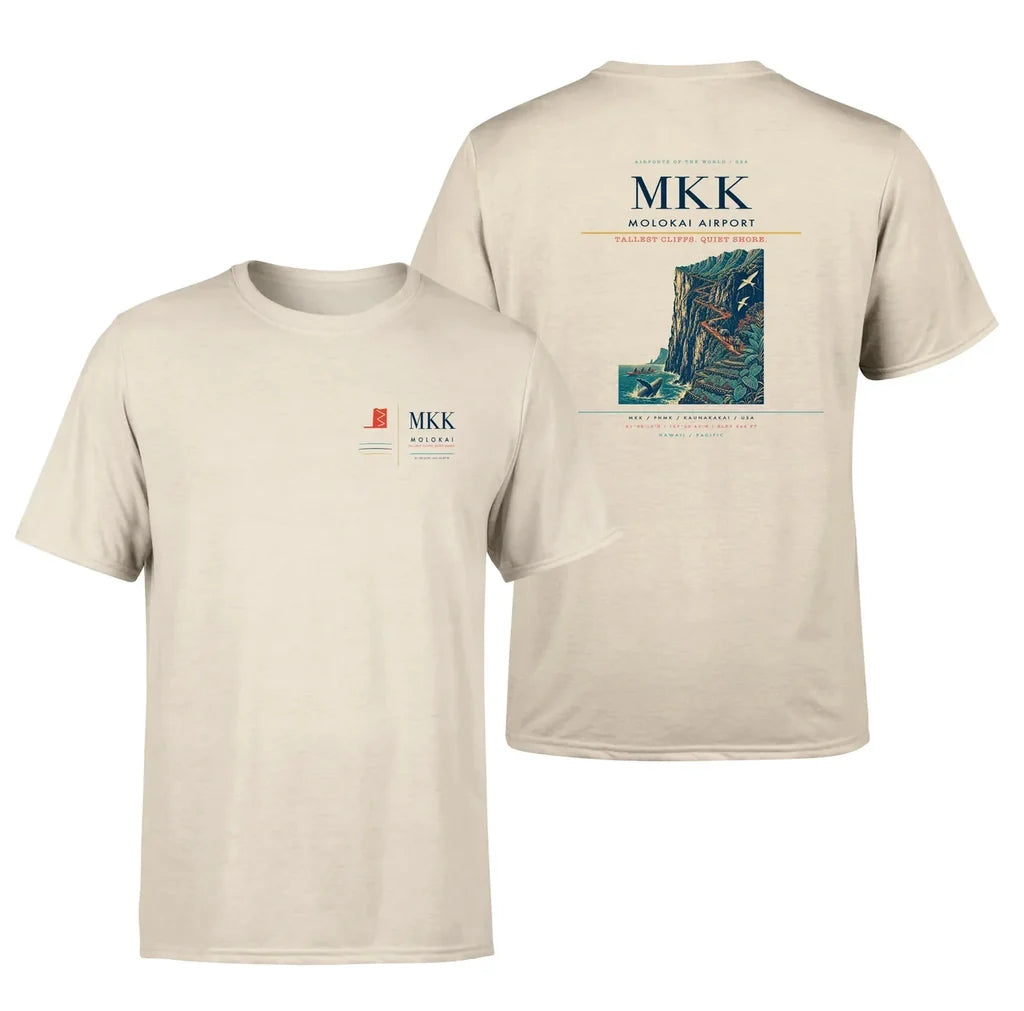 Molokai Airport (MKK) design printed on beige double-side t-shirt