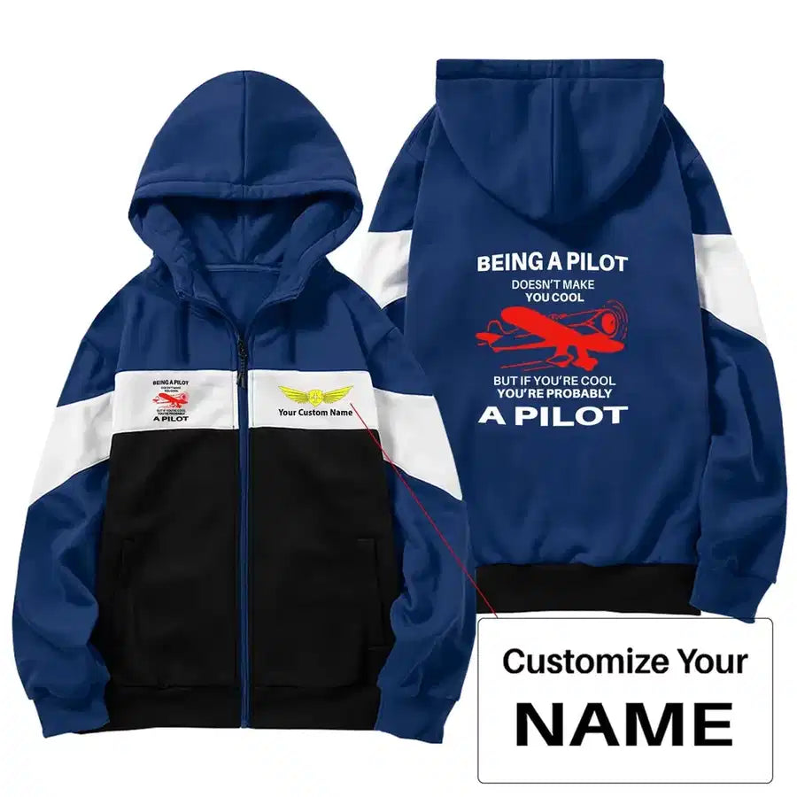 If You're Cool You're Probably a Pilot Zipped Hoodie - Colourful - Dark Blue + Name (Customizable)