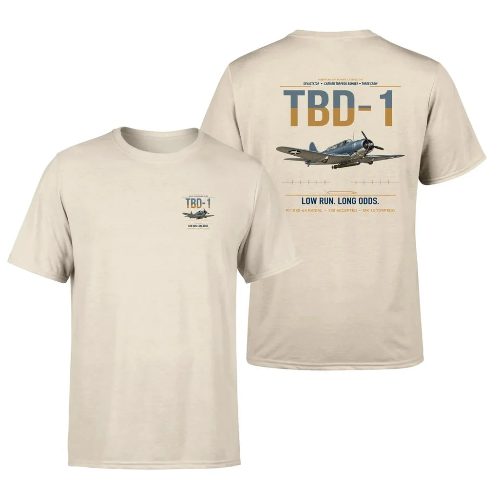 TBD-1 Devastator design on beige double-side t-shirt, double-side print
