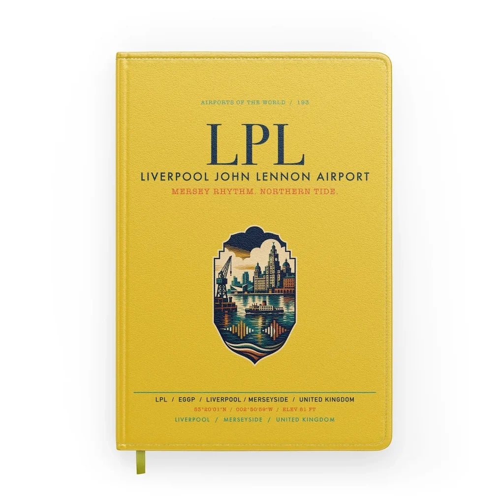 Liverpool John Lennon Airport (LPL) design on yellow notebook
