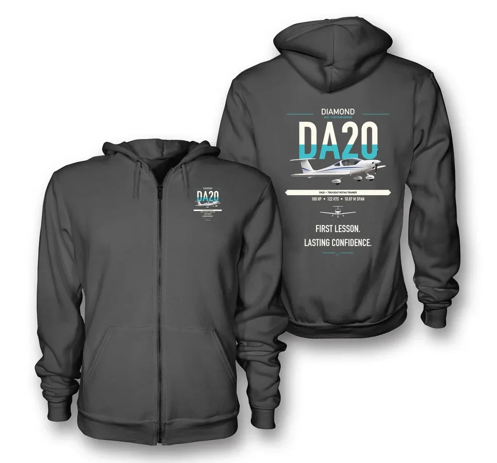 Diamond DA20 design on dark gray premium zipped hoodie, double-side print