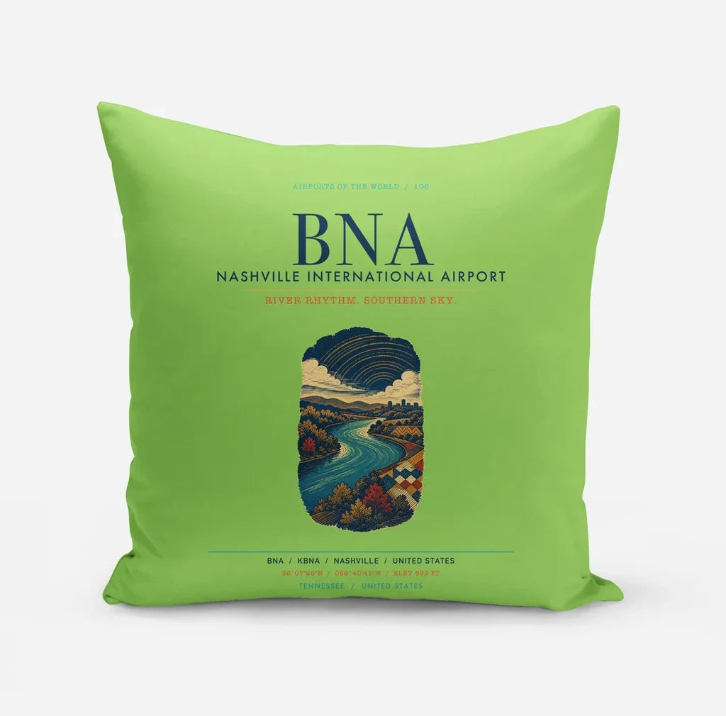 Nashville International Airport (BNA) design on light green pillow