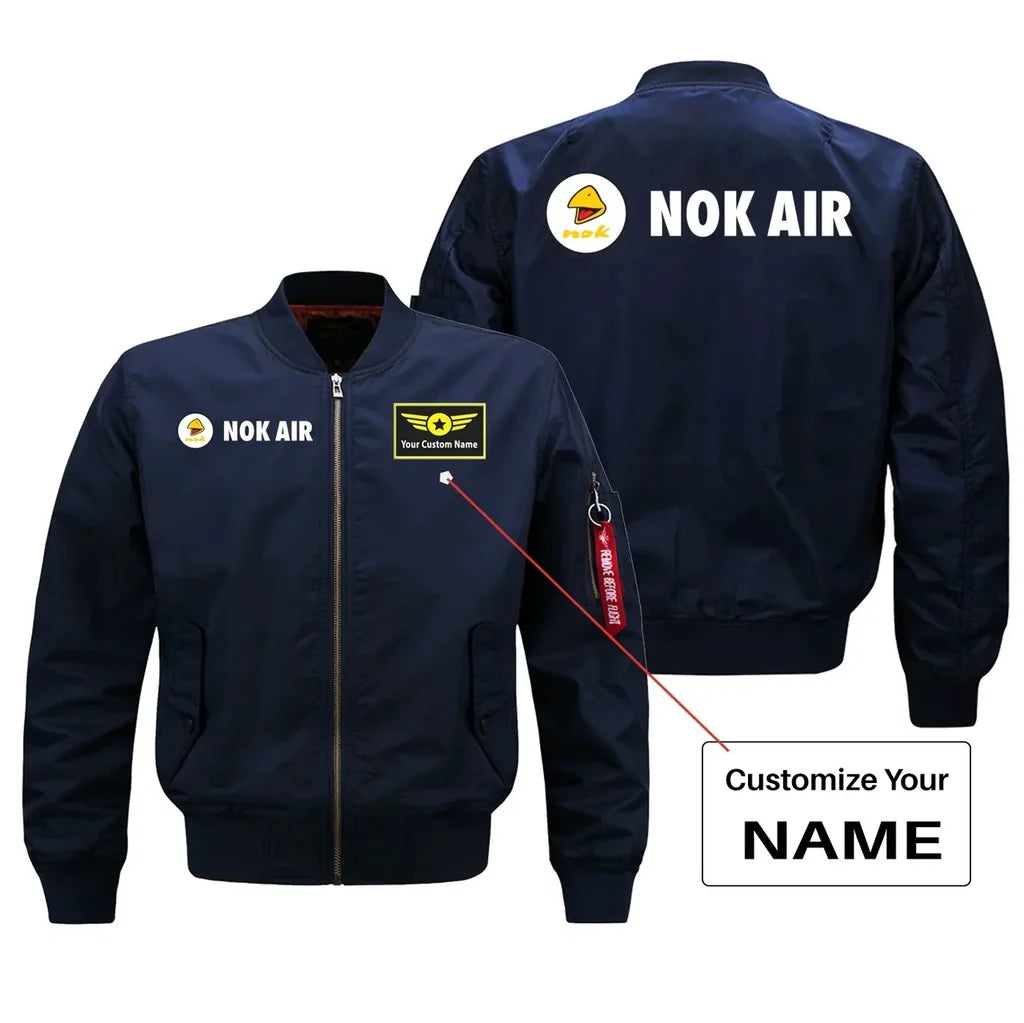 Nok Airlines aviation design with custom name embroidered on blue bomber jacket