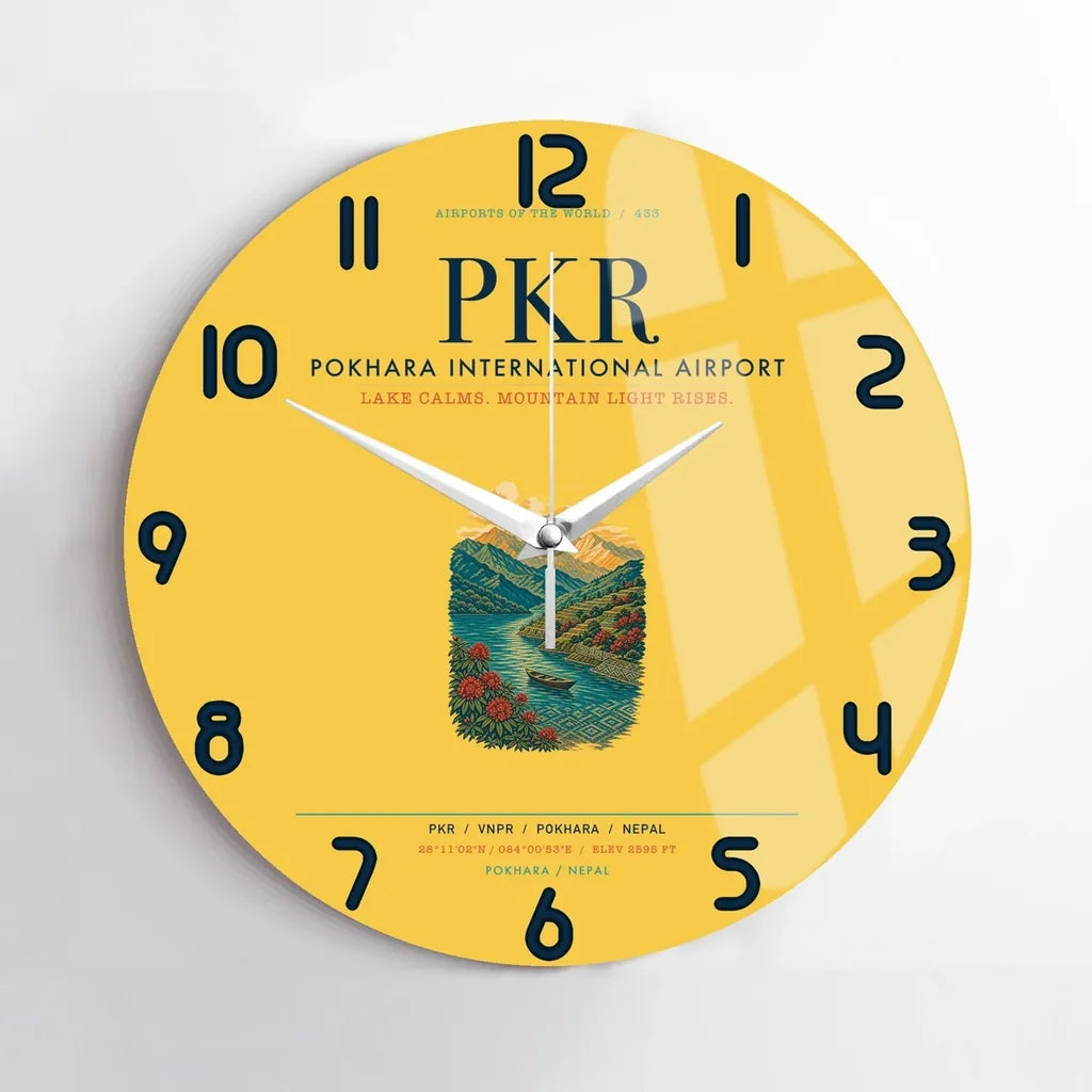 Pokhara International Airport (PKR) design on yellow no frame wall clock