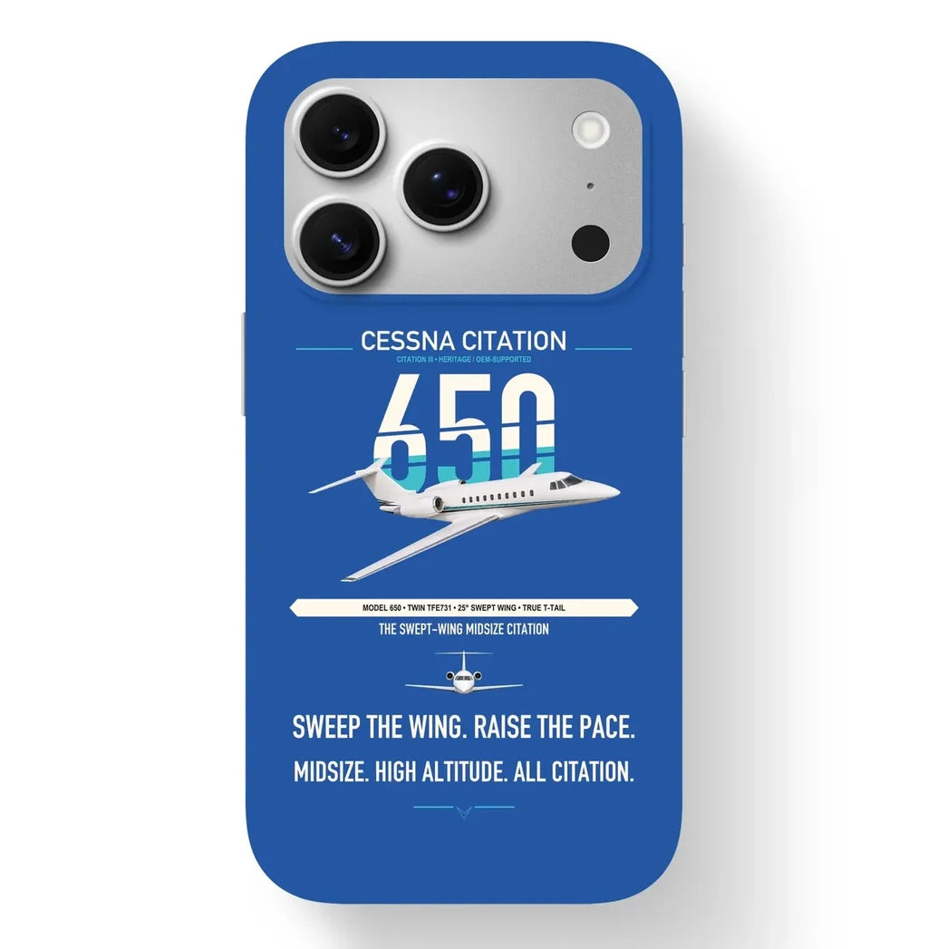 Cessna Citation 650 - Citation III design on blue magsafe iphone case, for iPhone 17 Pro