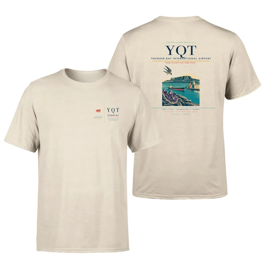Thunder Bay International Airport (YQT) design printed on beige double-side t-shirt