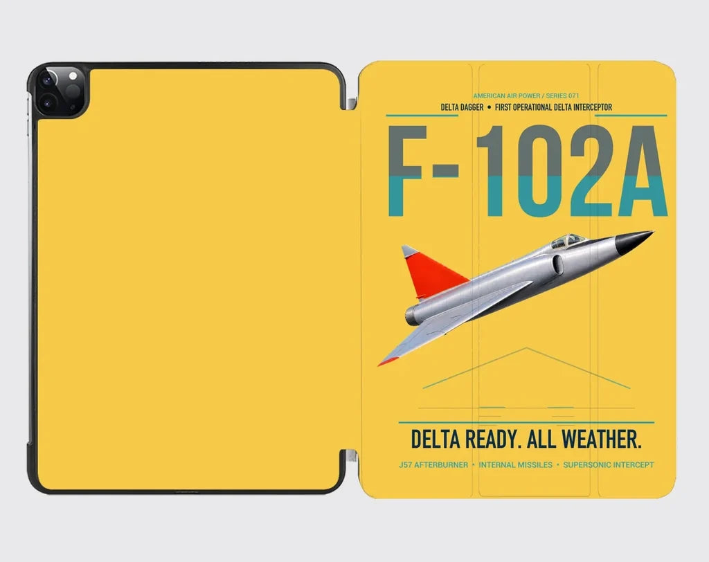 F-102A Delta Dagger design on yellow ipad tablet case
