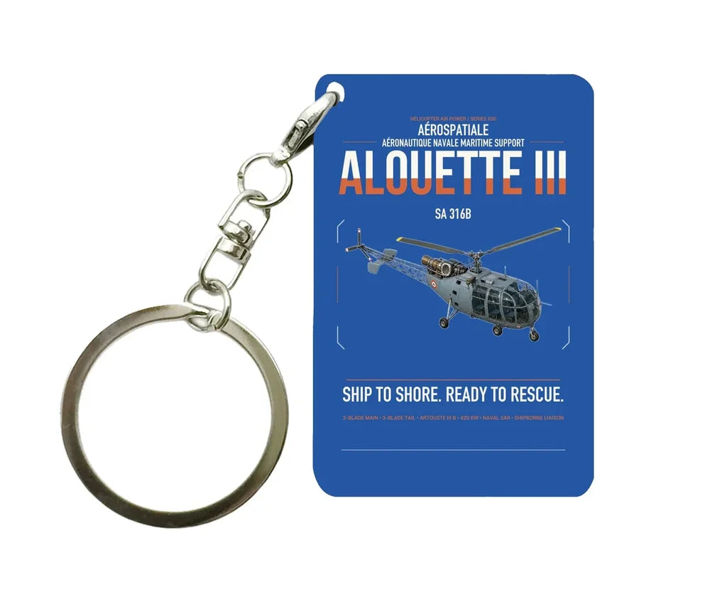 Aérospatiale SA 316B Alouette III design on blue designed key chain, double-side print