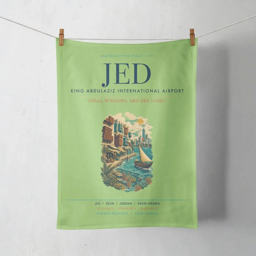 Jeddah King Abdulaziz International Airport (JED) design on light green towel