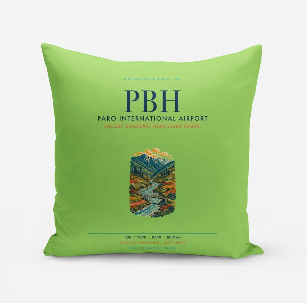 Paro International Airport (PBH) design on light green pillow
