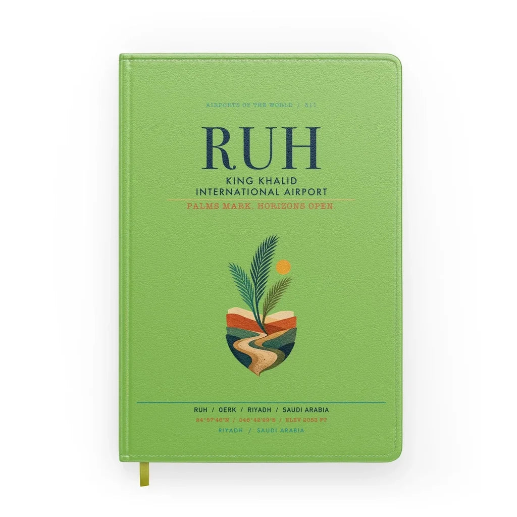 King Khalid International Airport (RUH) design on light green notebook
