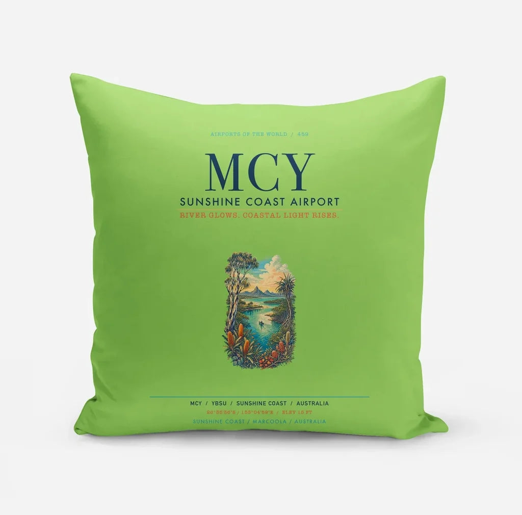Sunshine Coast Airport (MCY) design on light green pillow