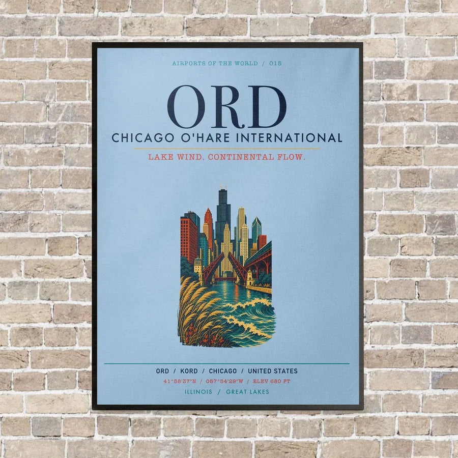 Chicago O'Hare International Airport ORD vertical canvas print - framed - light blue background