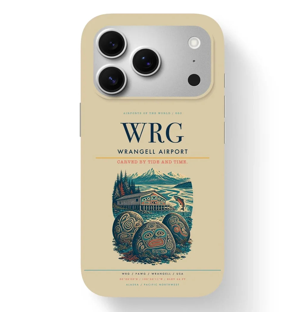 Wrangell Airport (WRG) design on beige iPhone 17 Pro MagSafe case