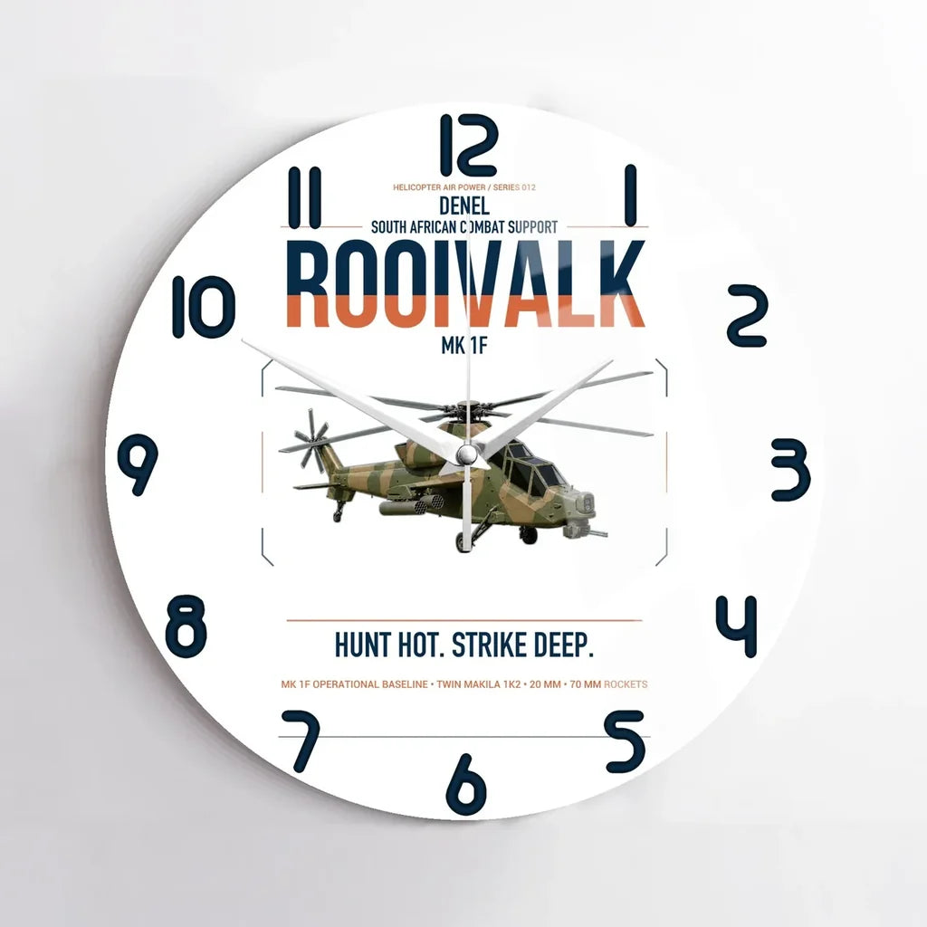 Denel Rooivalk Mk 1F design on white no frame wall clock