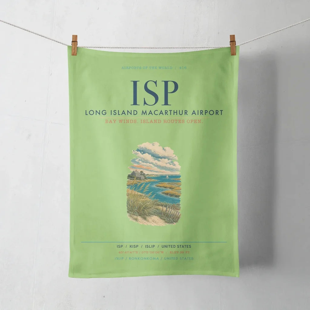 Long Island MacArthur Airport (ISP) design on light green towel