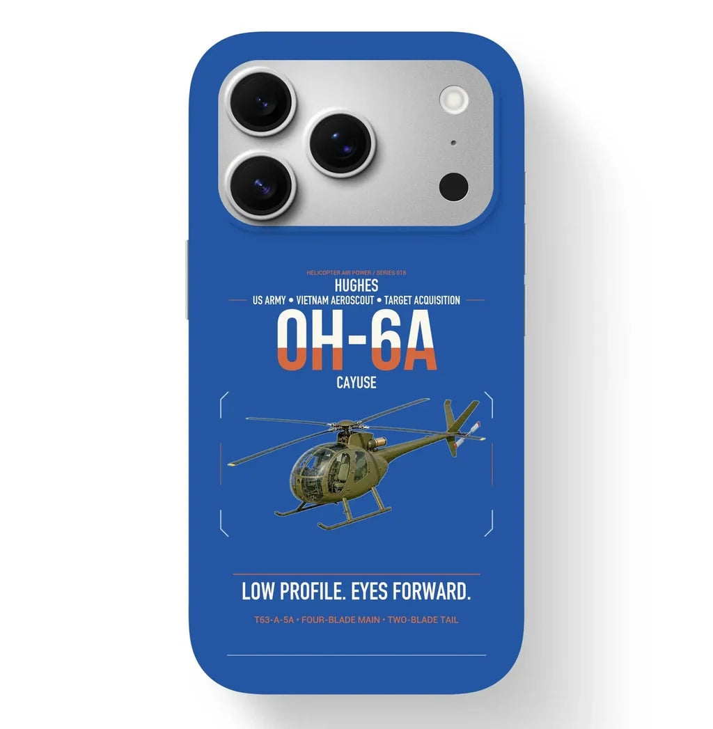 Hughes OH-6A Cayuse design on blue magsafe iphone case, for iPhone 17 Pro