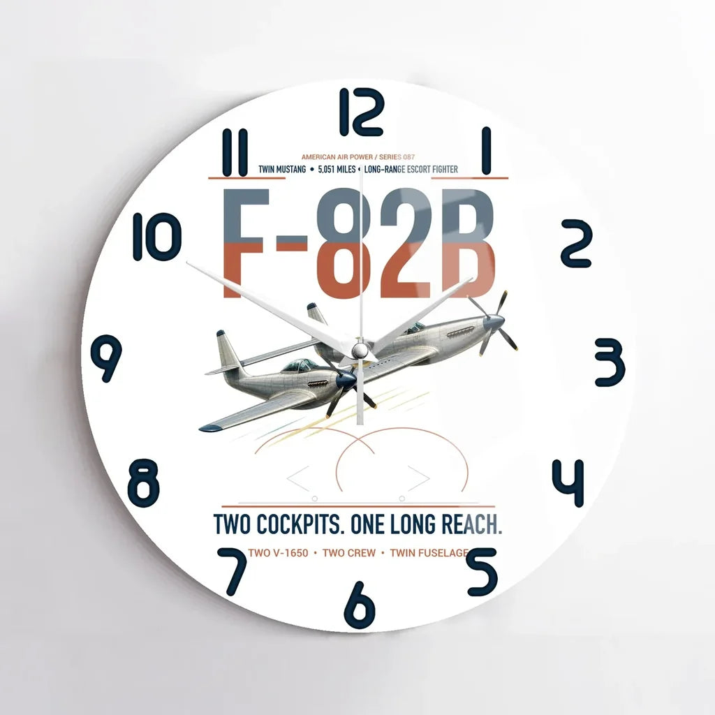 F-82B Twin Mustang design on white no frame wall clock