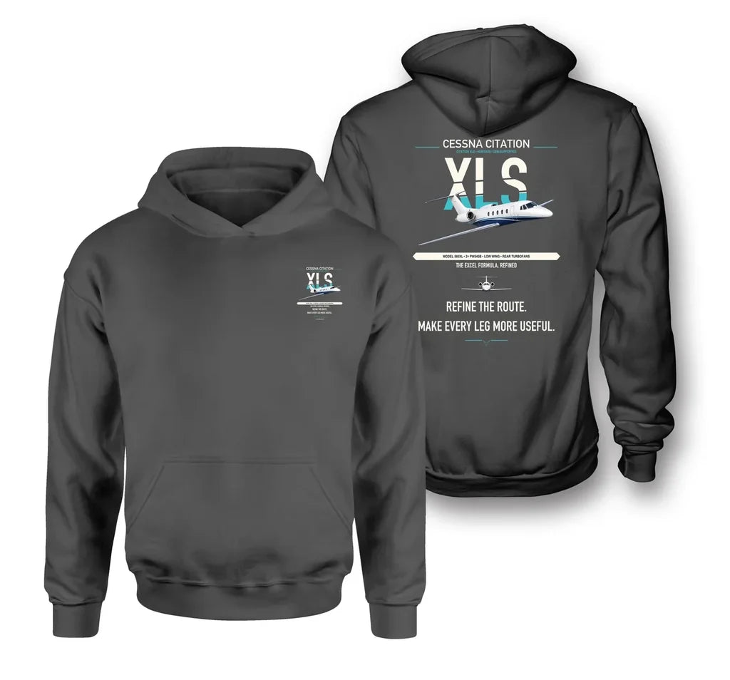 Cessna Citation XLS design on dark gray double-side hoodie, double-side print