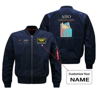 Thumbnail for Alghero–Fertilia Airport (AHO) design on blue bomber jacket with custom name patch