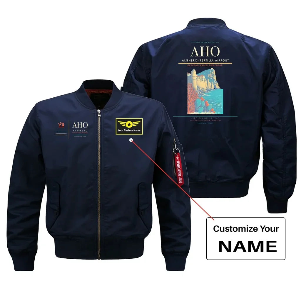 Alghero–Fertilia Airport (AHO) design on blue bomber jacket with custom name patch