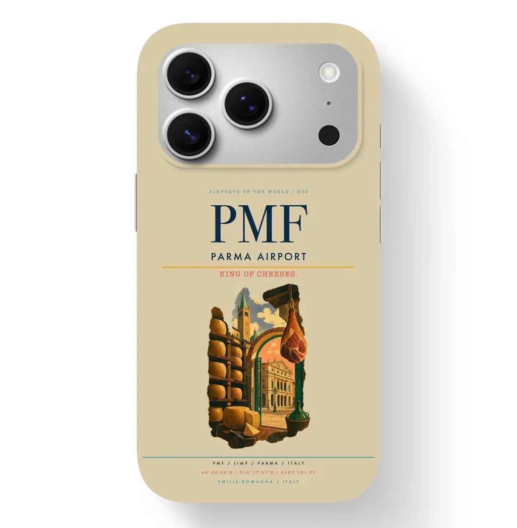 Parma Airport (PMF) design on beige iPhone 17 Pro MagSafe case