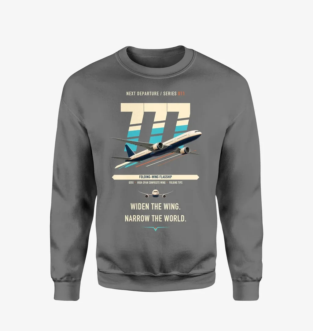Boeing 777-9 design on gray sweatshirt