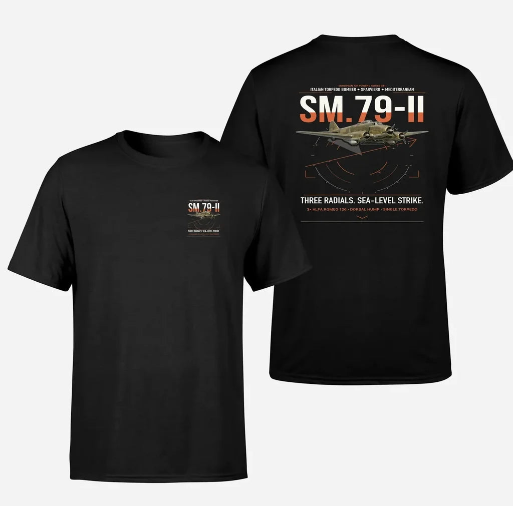 Savoia-Marchetti SM.79-II Sparviero design on black t-shirt, double-side print