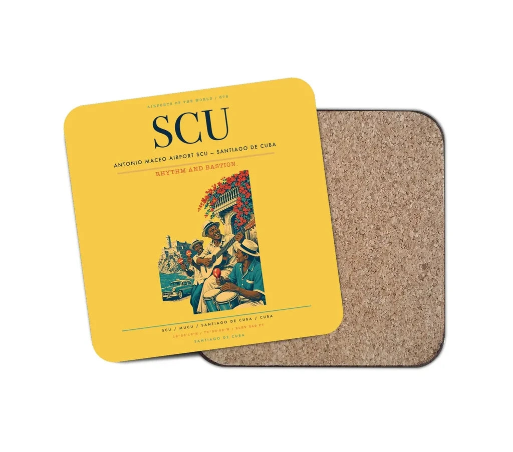 Antonio Maceo Airport (SCU) design on yellow 1 piece coaster