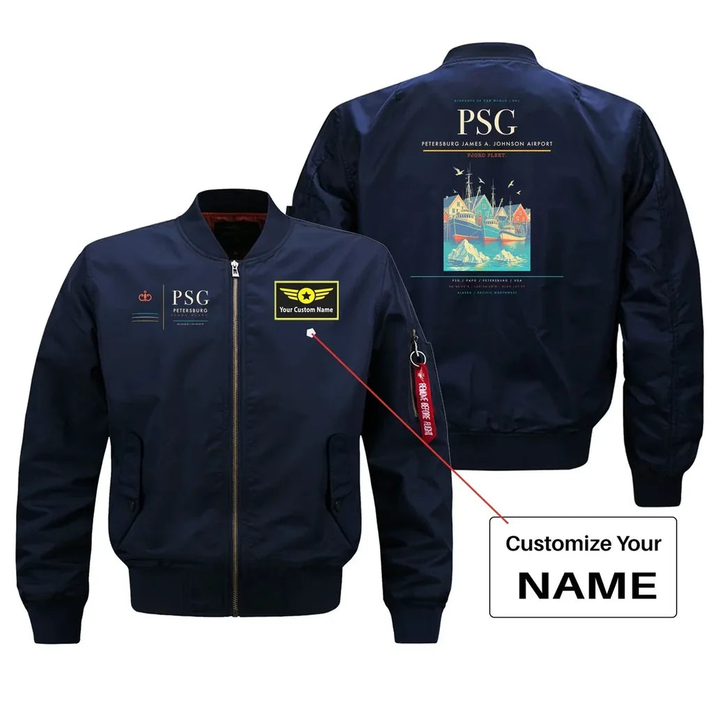 Petersburg James A. Johnson Airport (PSG) design on blue bomber jacket with custom name patch