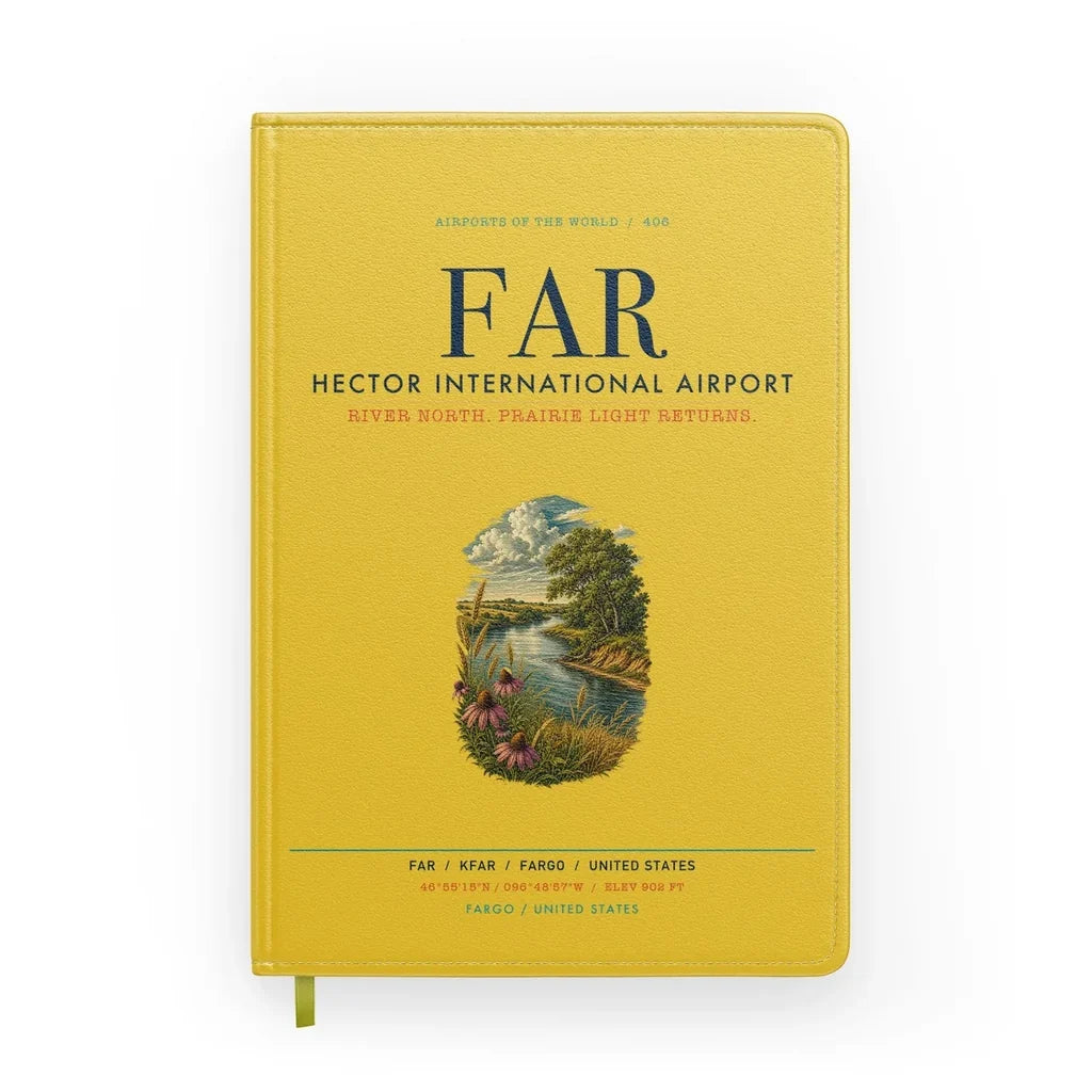 Hector International Airport (FAR) design on yellow notebook