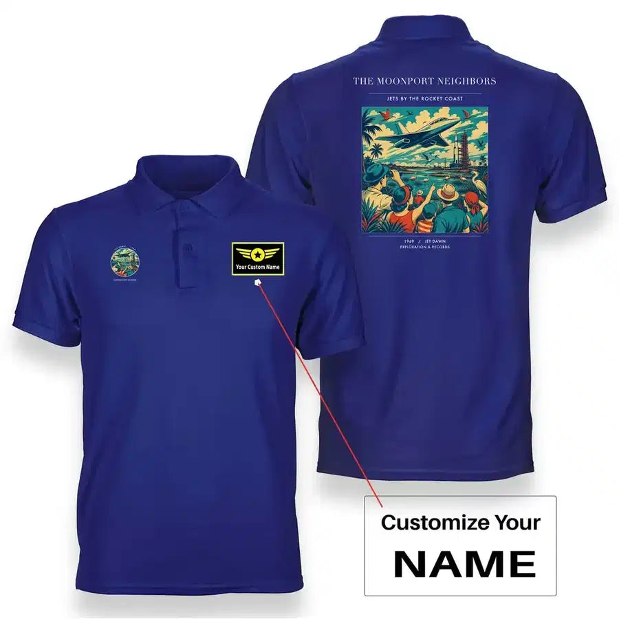 VINTAGE G4129 - The Moonport Neighbors - Double-Side Polo T-Shirt design on blue+name