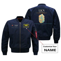 Thumbnail for Leknes Airport (LKN) design on blue bomber jacket with custom name patch