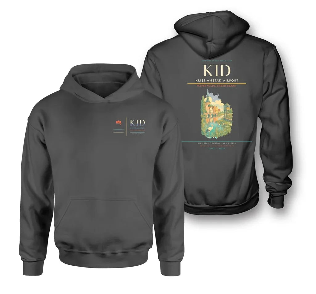 Kristianstad Airport (KID) design on dark gray double-side hoodie
