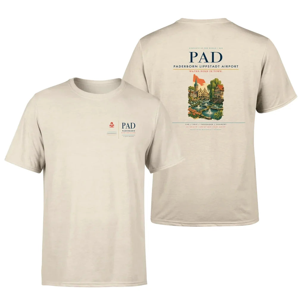 Paderborn Lippstadt Airport (PAD) design printed on beige double-side t-shirt