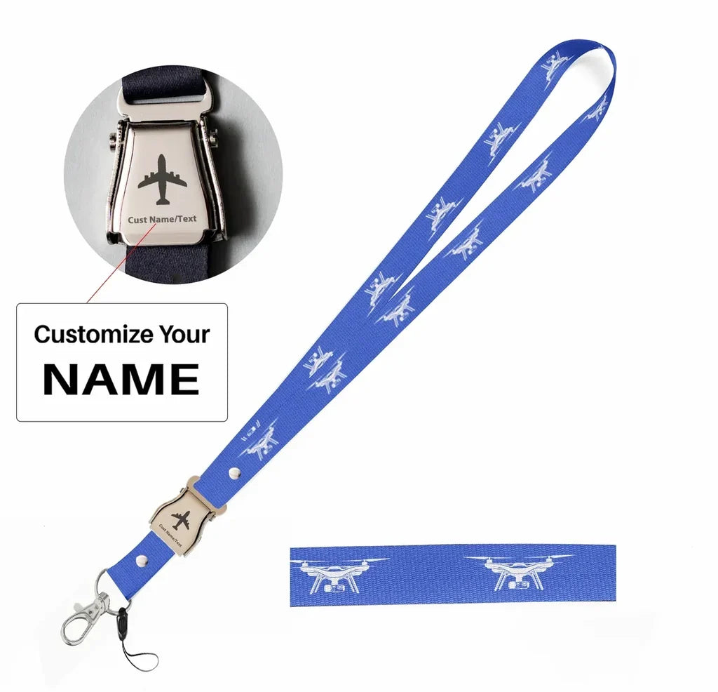 Drone Silhouette seat belt lanyard - blue with name