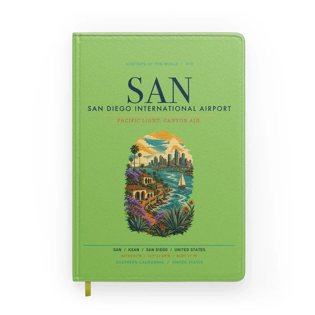San Diego International Airport (SAN) design on light green notebook