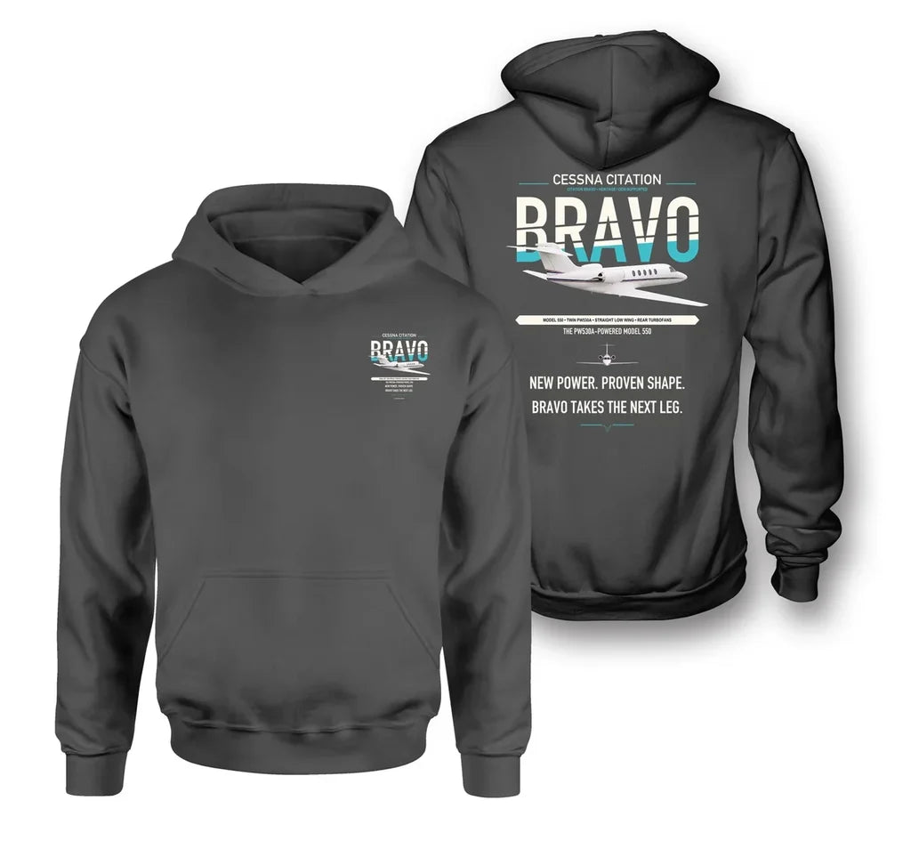 Cessna Citation Bravo design on dark gray double-side hoodie, double-side print